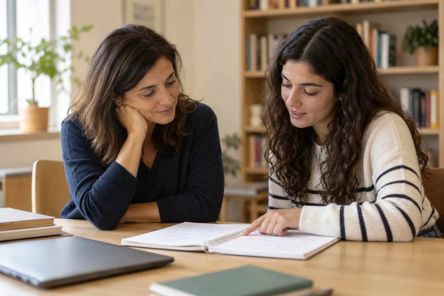 Uma mentora e uma jovem estudante conversam sobre um caderno aberto numa mesa.