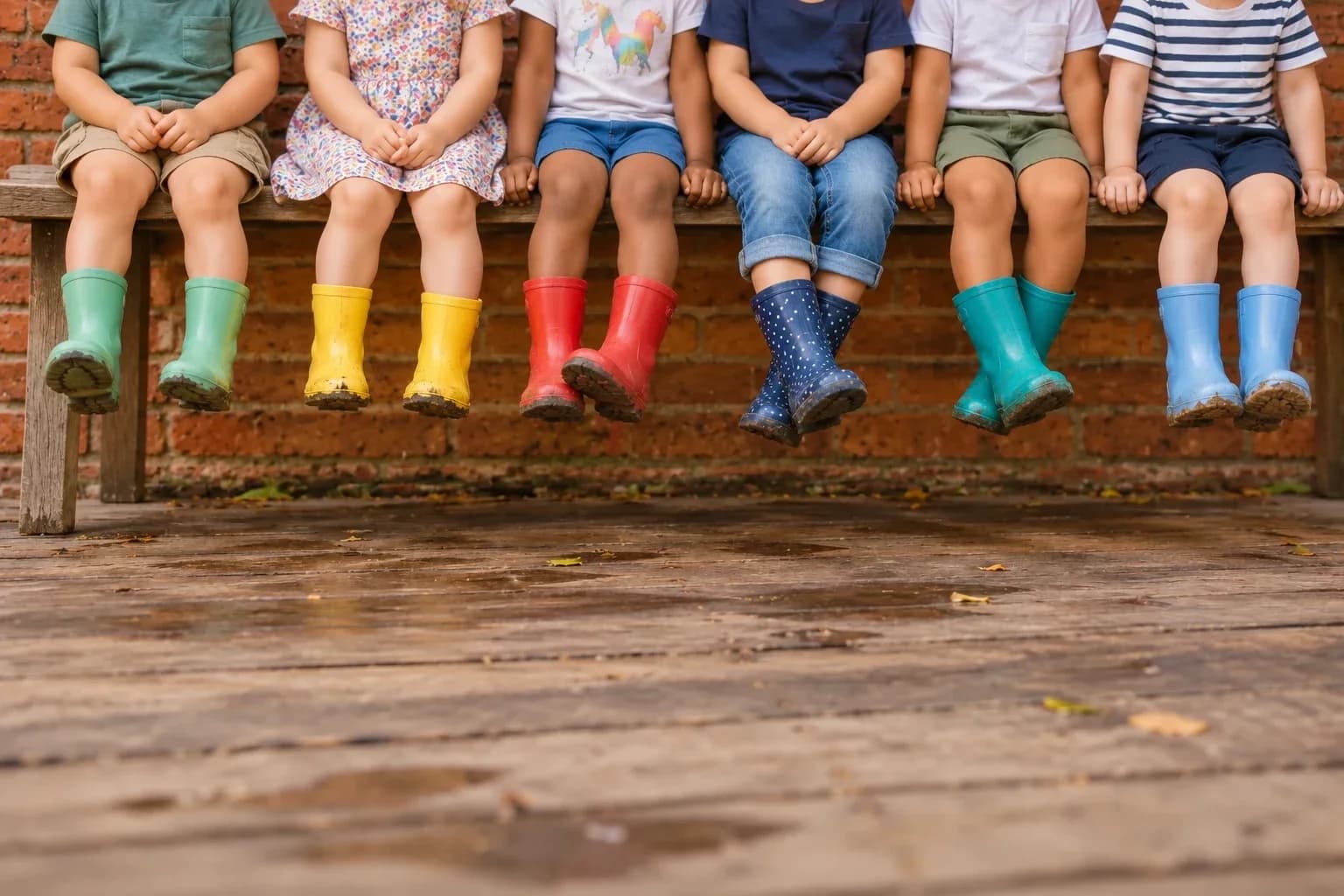 Crianças em idade pré-escolar sentadas num banco de madeira, com as pernas suspensas e galochas de várias cores.