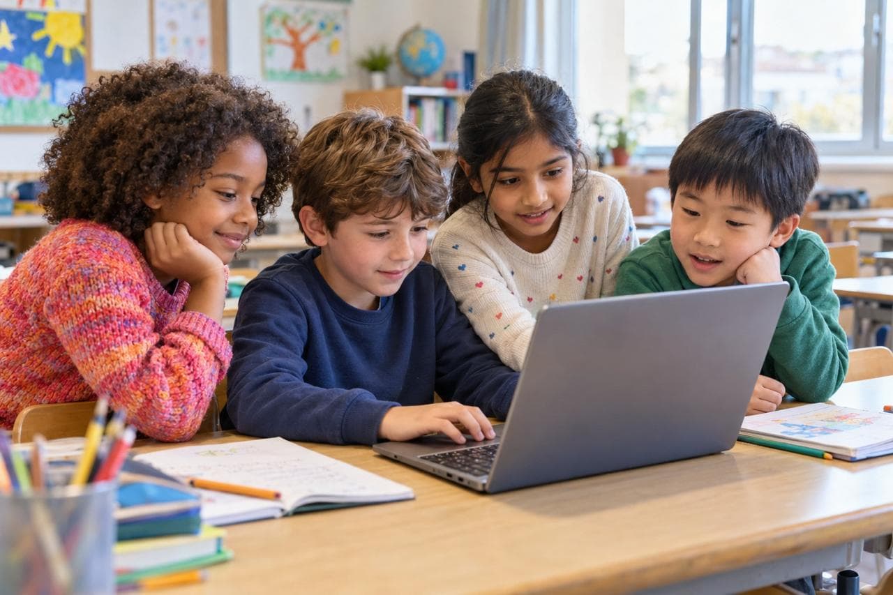 Uma menina com auscultadores a assistir a uma aula no computador portátil